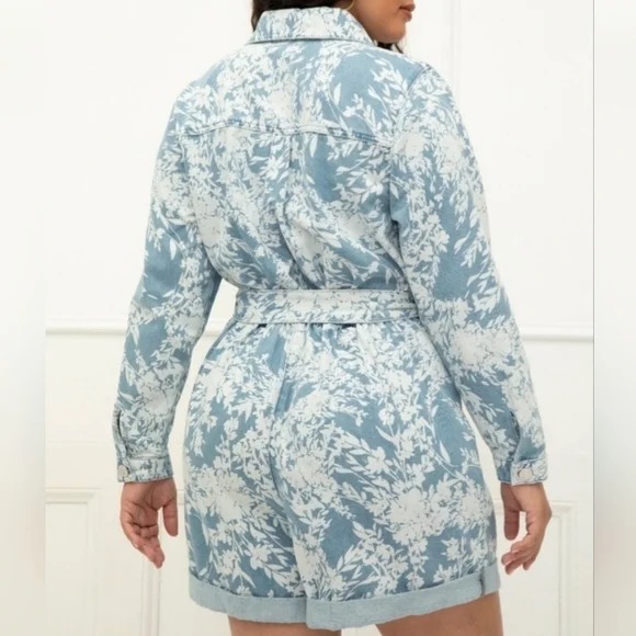 Eloquii Elements Floral Denim Romper In Blue And White Size 26 - Picture 4 of 13
